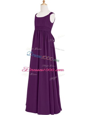 Fantastic Eggplant Purple Empire Straps Sleeveless Chiffon Floor Length Zipper Ruching Dress for Prom