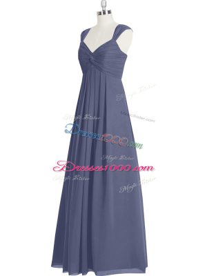 Blue A-line Ruching Prom Gown Zipper Chiffon Sleeveless Floor Length