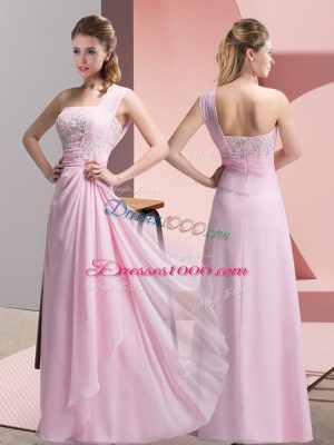 Floor Length Baby Pink Prom Dress Chiffon Sleeveless Beading and Appliques