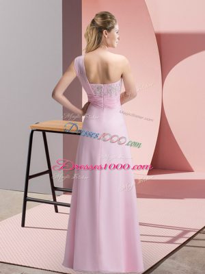 Floor Length Baby Pink Prom Dress Chiffon Sleeveless Beading and Appliques