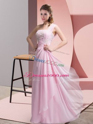 Floor Length Baby Pink Prom Dress Chiffon Sleeveless Beading and Appliques