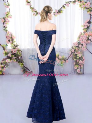 Exquisite Navy Blue Lace Up Off The Shoulder Sleeveless Floor Length Damas Dress Lace