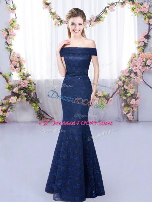 Exquisite Navy Blue Lace Up Off The Shoulder Sleeveless Floor Length Damas Dress Lace