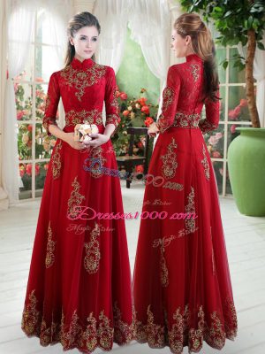 Wine Red Formal Dresses Prom and Party with Lace High-neck 3 4 Length Sleeve Zipper