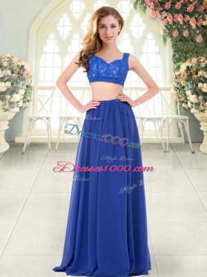 Customized Royal Blue Chiffon Zipper Straps Sleeveless Floor Length Prom Party Dress Beading and Lace