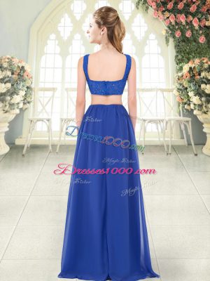 Customized Royal Blue Chiffon Zipper Straps Sleeveless Floor Length Prom Party Dress Beading and Lace