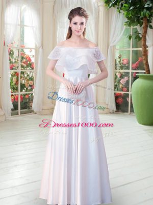 White Satin Zipper Off The Shoulder Short Sleeves Floor Length Dress for Prom Lace