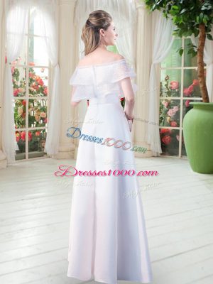 White Satin Zipper Off The Shoulder Short Sleeves Floor Length Dress for Prom Lace