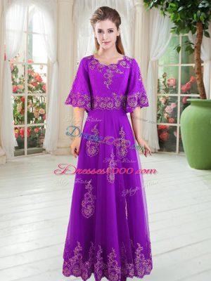Modern Scoop Half Sleeves Homecoming Dress Floor Length Lace Purple Tulle