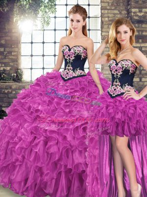 Flare Fuchsia 15th Birthday Dress Military Ball and Sweet 16 and Quinceanera with Embroidery and Ruffles Sweetheart Sleeveless Sweep Train Lace Up