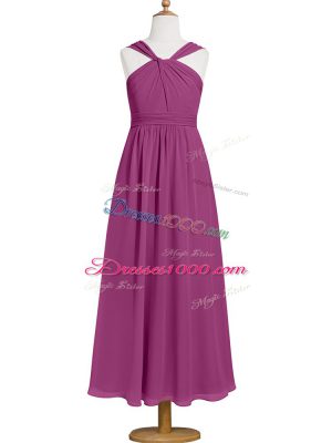 Deluxe Fuchsia Sleeveless Ruching Tea Length Prom Gown