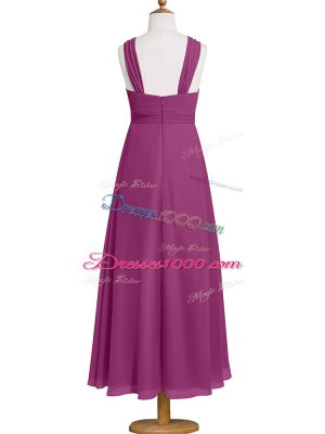 Deluxe Fuchsia Sleeveless Ruching Tea Length Prom Gown