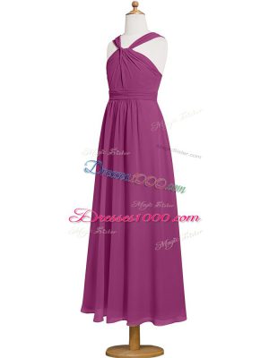 Deluxe Fuchsia Sleeveless Ruching Tea Length Prom Gown