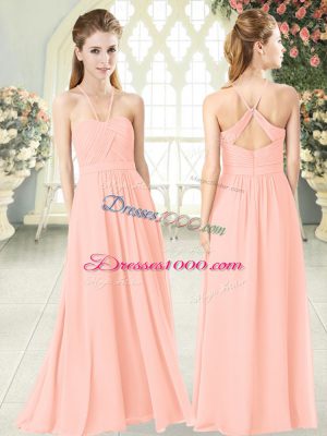 Pink Chiffon Criss Cross Halter Top Sleeveless Floor Length Homecoming Dress Ruching