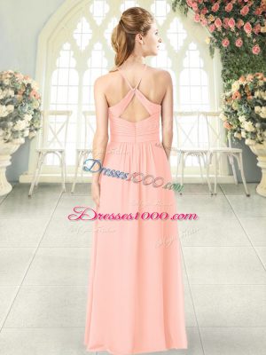 Pink Chiffon Criss Cross Halter Top Sleeveless Floor Length Homecoming Dress Ruching