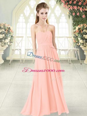 Pink Chiffon Criss Cross Halter Top Sleeveless Floor Length Homecoming Dress Ruching