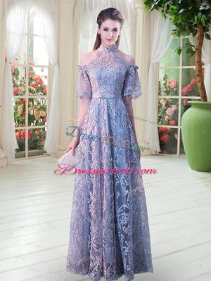 Floor Length Grey Prom Gown Lace Half Sleeves Belt