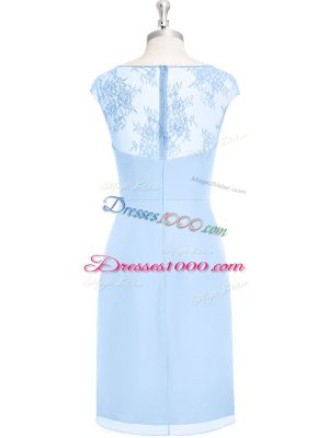 Light Blue Homecoming Dress Prom and Party and Military Ball with Appliques and Ruching V-neck Cap Sleeves Zipper