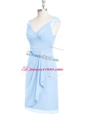 Light Blue Homecoming Dress Prom and Party and Military Ball with Appliques and Ruching V-neck Cap Sleeves Zipper