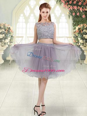 Glittering Grey Two Pieces Organza Scoop Sleeveless Beading and Lace Knee Length Zipper