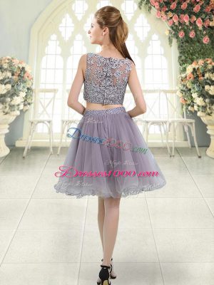 Glittering Grey Two Pieces Organza Scoop Sleeveless Beading and Lace Knee Length Zipper