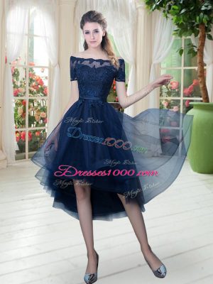 Navy Blue A-line Lace Womens Party Dresses Lace Up Tulle Short Sleeves High Low