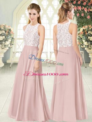 Pink Empire Scoop Sleeveless Chiffon Floor Length Zipper Lace Teens Party Dress
