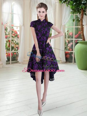 High End High-neck Short Sleeves Lace Prom Dress Appliques Lace Up