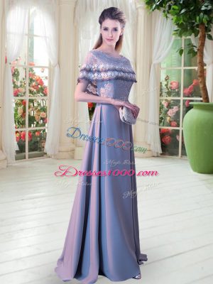 Stylish Grey Satin Lace Up Dress for Prom Short Sleeves Floor Length Lace