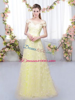 Cap Sleeves Tulle Floor Length Lace Up Wedding Guest Dresses in Light Yellow with Appliques