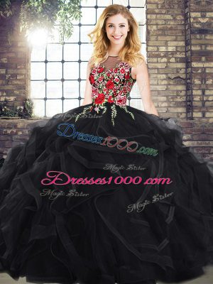 Black Zipper Sweet 16 Quinceanera Dress Sleeveless Embroidery and Ruffles