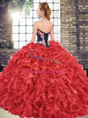 Colorful Sleeveless Embroidery and Ruffles Lace Up 15 Quinceanera Dress with Red Sweep Train