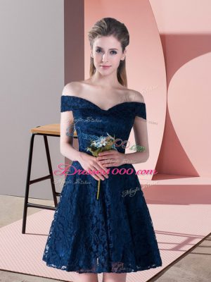 Navy Blue A-line Off The Shoulder Sleeveless Mini Length Lace Up Lace Prom Party Dress