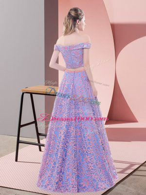 Lavender A-line Lace Off The Shoulder Sleeveless Beading Floor Length Zipper Homecoming Dress