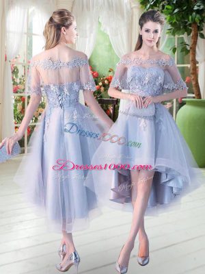 High Low Lace Up Prom Dresses Light Blue for Prom and Party with Appliques