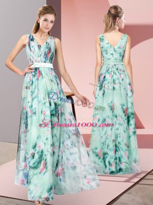 Glamorous Empire Prom Dress Multi-color V-neck Printed Sleeveless Floor Length Zipper