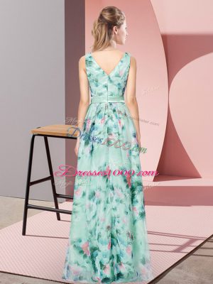 Glamorous Empire Prom Dress Multi-color V-neck Printed Sleeveless Floor Length Zipper