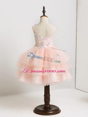 Pink Ball Gowns Appliques Flower Girl Dresses Zipper Tulle Sleeveless Mini Length