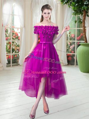 High Quality Short Sleeves Tulle High Low Lace Up Prom Party Dress in Fuchsia with Appliques