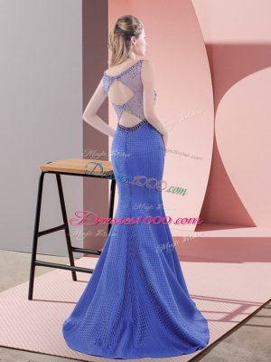 Super Blue Sleeveless Satin Sweep Train Lace Up Dress for Prom for Prom and Party