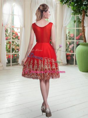 High End Red Tulle Zipper Prom Gown Sleeveless Knee Length Beading and Appliques