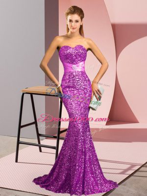 Hot Sale Sweetheart Sleeveless Sweep Train Zipper Prom Gown Purple Sequined