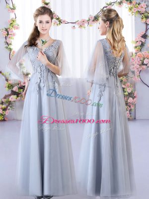 Dazzling Floor Length Empire Sleeveless Grey Wedding Guest Dresses Lace Up