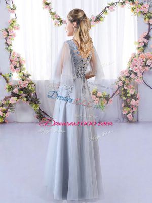 Dazzling Floor Length Empire Sleeveless Grey Wedding Guest Dresses Lace Up