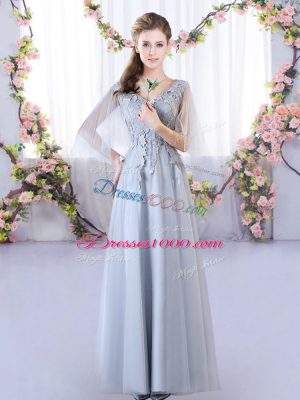 Dazzling Floor Length Empire Sleeveless Grey Wedding Guest Dresses Lace Up