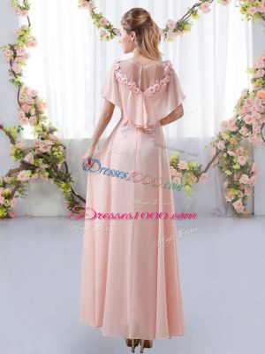 Custom Fit Rose Pink Empire Scoop Short Sleeves Chiffon Floor Length Zipper Appliques Court Dresses for Sweet 16