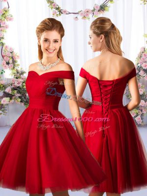 Smart Red Lace Up Off The Shoulder Ruching Quinceanera Court of Honor Dress Tulle Sleeveless