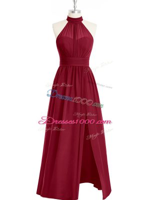 Superior Ruching Prom Gown Burgundy Side Zipper Sleeveless Floor Length