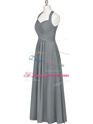 Grey Chiffon Zipper Halter Top Sleeveless Floor Length Ruching