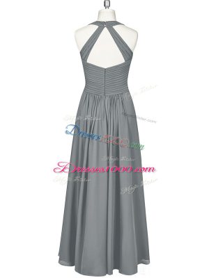 Grey Chiffon Zipper Halter Top Sleeveless Floor Length Ruching